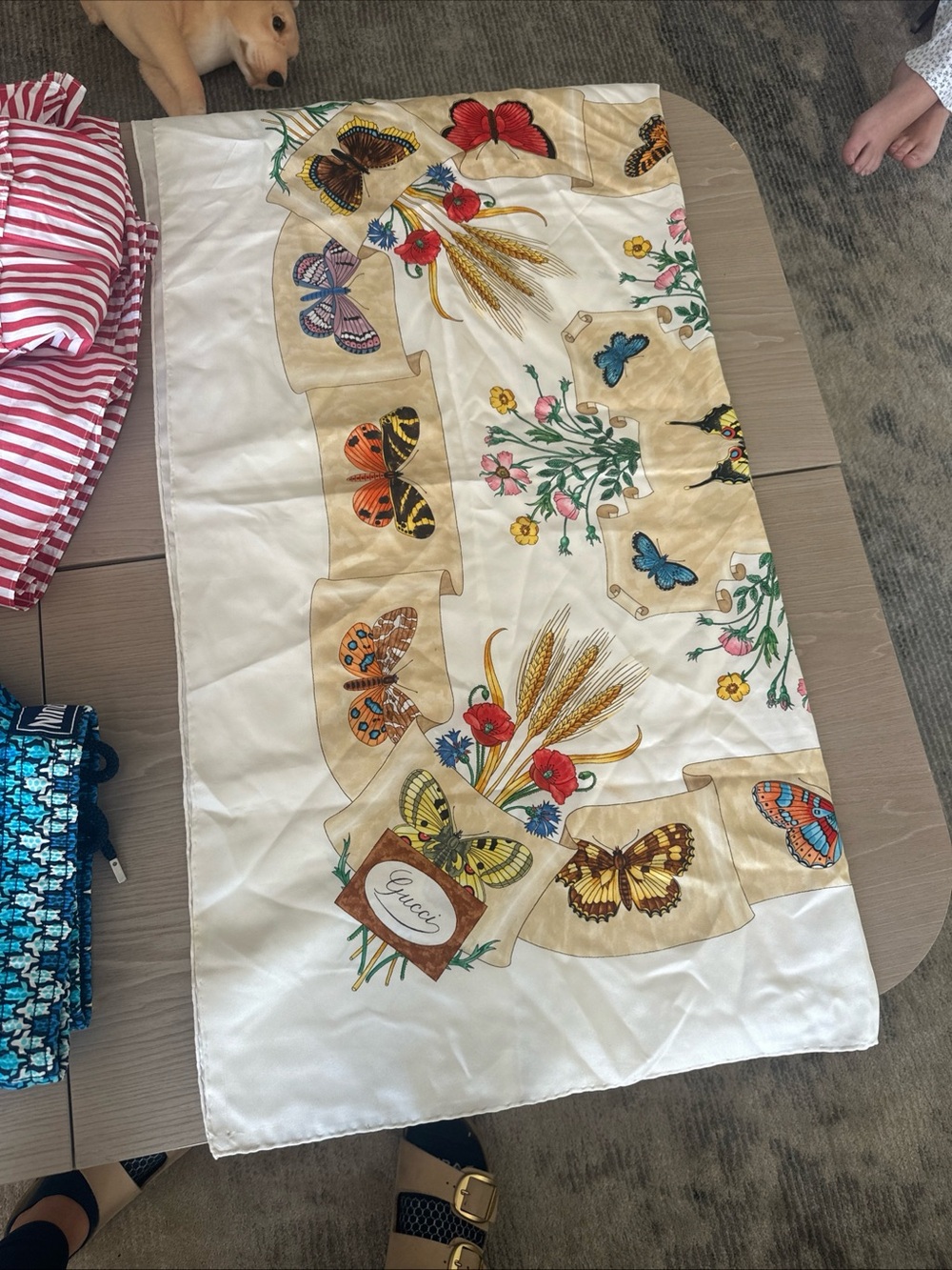 Gucci Cream Silk Scarf with Multicolor Butterflies and Floral Accents